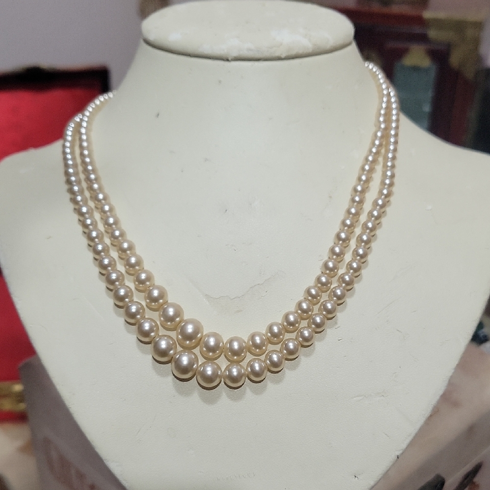Antique Double Strand Faux Pearl Necklace 16"